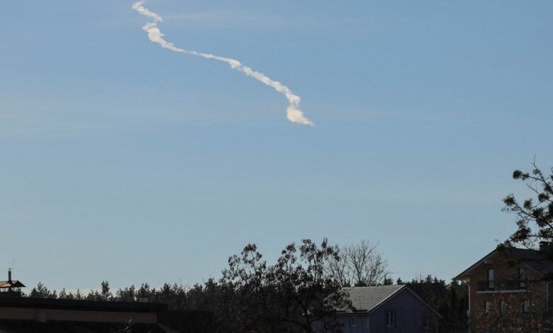 A missile trace is seen in a sky near Kyiv