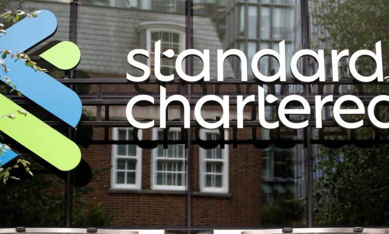 The Standard Chartered bank logo is seen at their headquarters in London