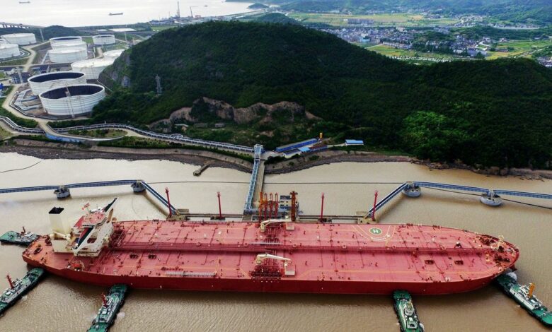 Oil tanker is seen at a crude oil terminal in Ningbo Zhoushan port