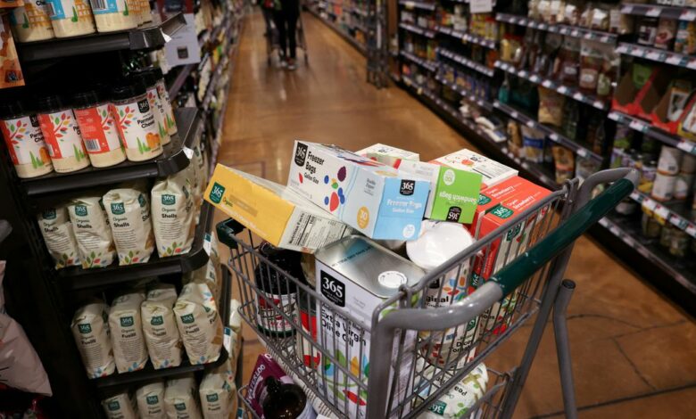 A shopping cart is seen in a supermarket in Manhattan, New York City