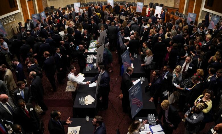 People attend the Executive Branch Job Fair hosted by the Conservative Partnership Institute at the Dirksen Senate Office Building in Washington
