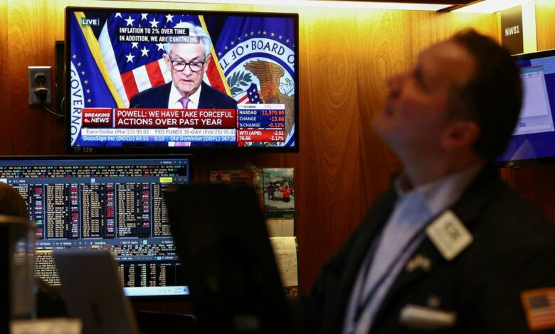 Federal Reserve Chair Jerome Powell interest rate announcement on the trading floor at New York Stock Exchange (NYSE) in New York City