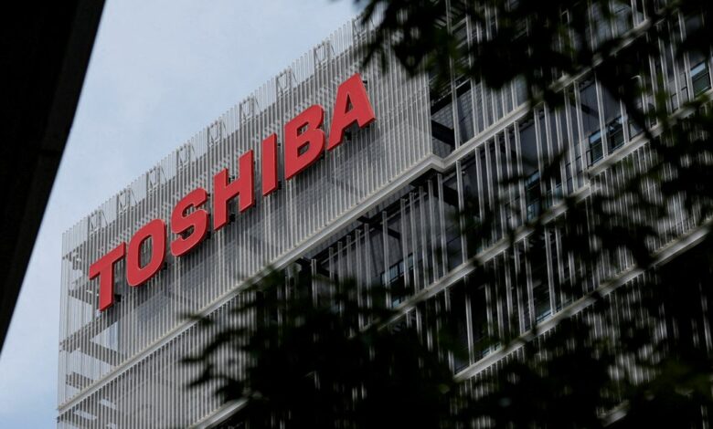 The logo of Toshiba Corp. is displayed atop of the company