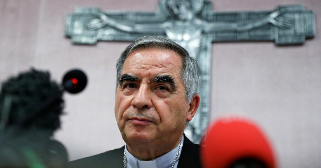 Cardinal Giovanni Angelo Becciu speaks to the media in Rome