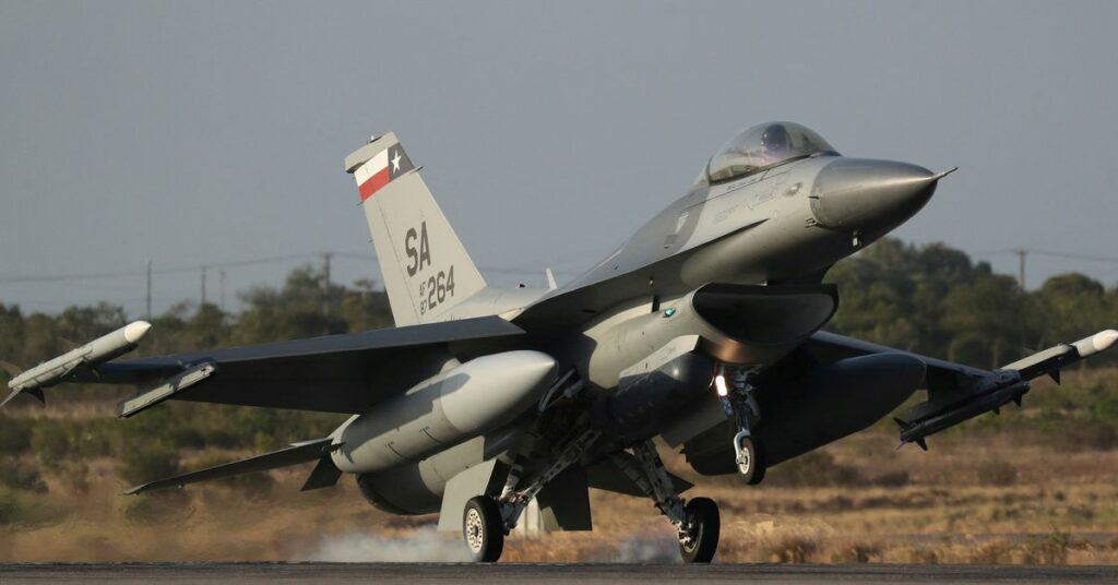 A U.S. Air Force F-16 jet fighter takes off from an airbase during CRUZEX multinational air exercise in Natal