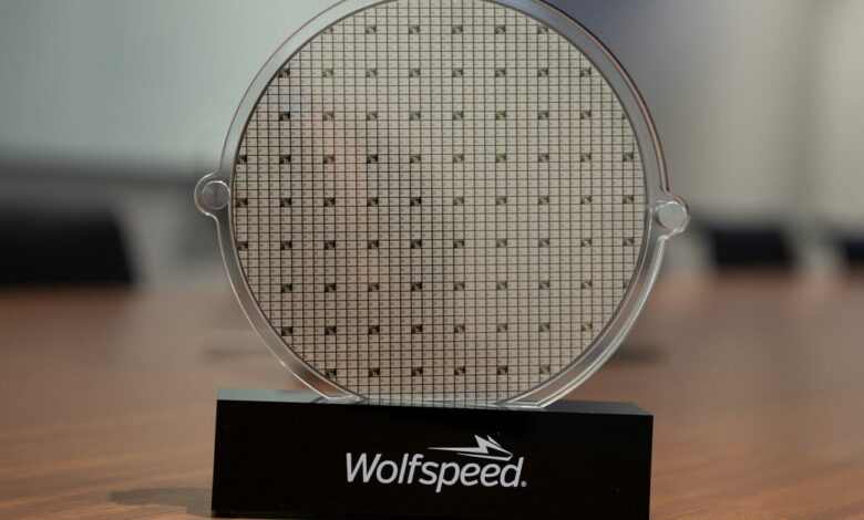 U.S. power chip maker Wolfspeed’s silicon carbide 200mm wafer is seen on display at Wolfspeed’s Mohawk Valley Fab in Marcy