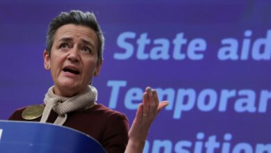 European Commission Vice President Margrethe Vestager speaks during a news conference in Brussels