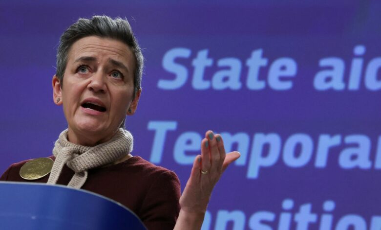 European Commission Vice President Margrethe Vestager speaks during a news conference in Brussels