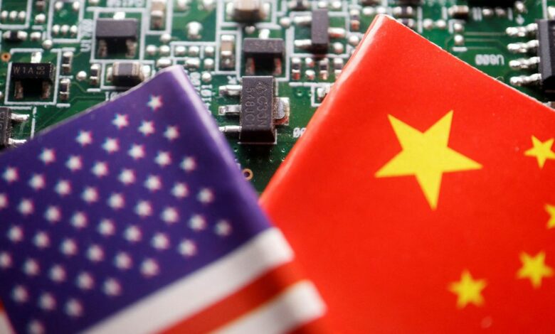 Illustration picture of Chinese and U.S. flags with semiconductor chips