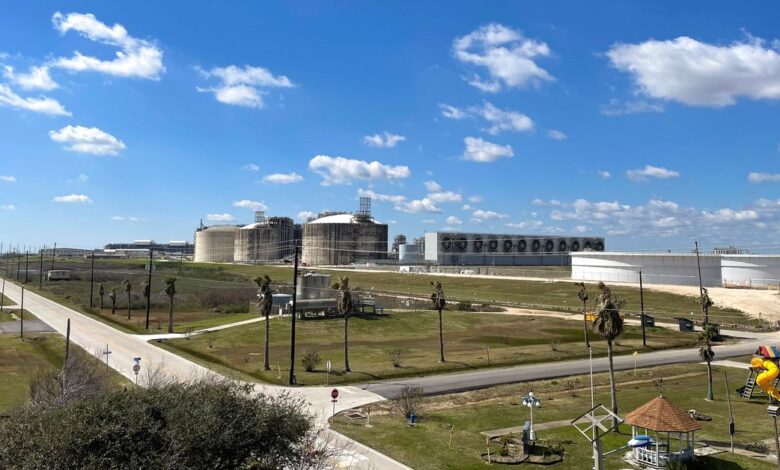 Storage tanks and gas-chilling units are seen at Freeport LNG