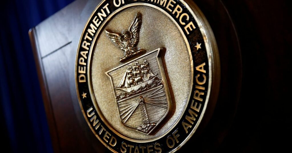 The seal of the Department of Commerce is seen, before Commerce Secretary Wilbur Ross holds a news conference at the Department of Commerce in Washington