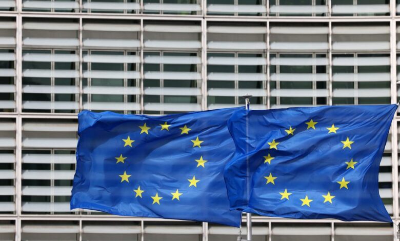 European flags fly outside the European Commission headquarters in Brussels,