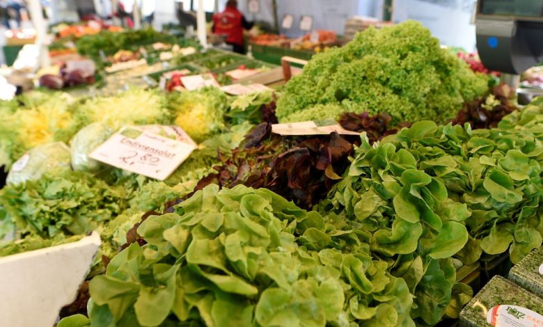 Salads and vegetables are offered on a farmer's market during the outbreak of coronavirus disease (COVID-19) in Hamburg