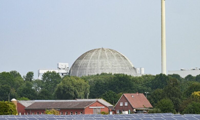 A general view of a solar park in-front of the Unterweser nuclear power plant in Stadland, Germany