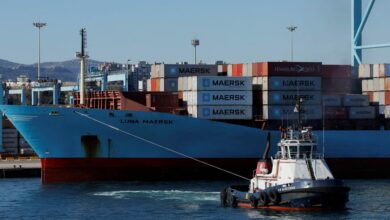 Containers are seen on the Luna Maersk ship in the port of Algeciras, Spain