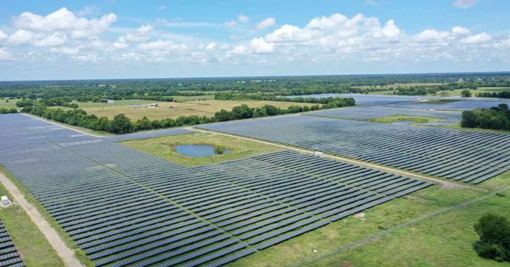 Solar panels are seen in this drone photo at the Impact solar facility in Deport, Texas