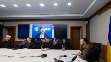 Ukraine's President Zelenskiy speaks with IMF Managing Director Georgieva via videolink in Kyiv