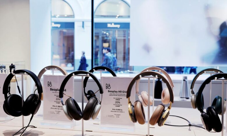 Headphones are displayed in the Bang & Olufsen flagship store in Copenhagen