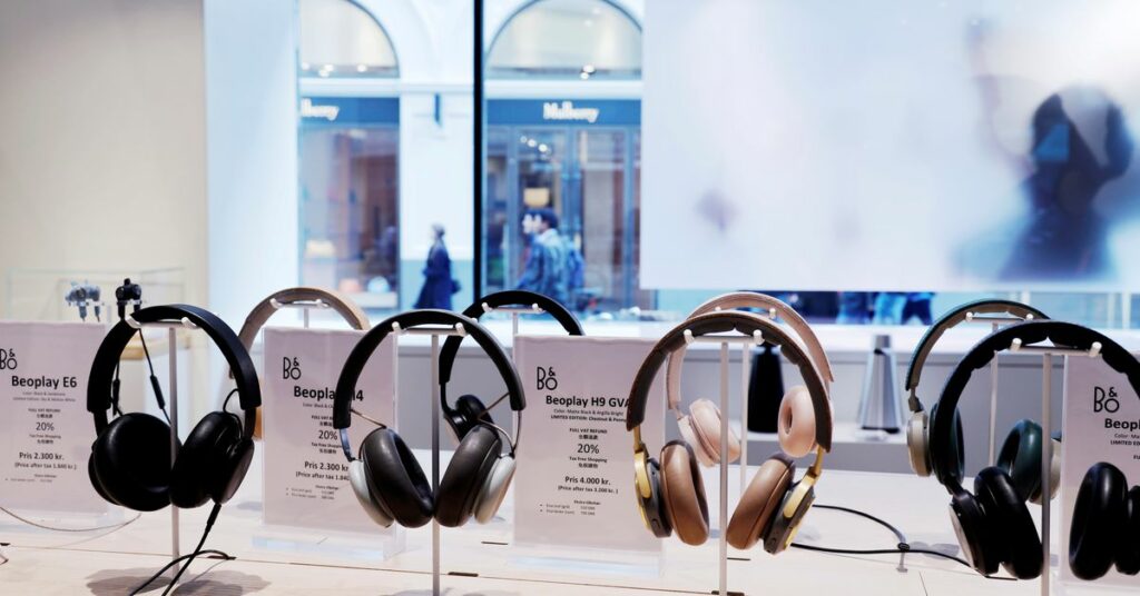 Headphones are displayed in the Bang & Olufsen flagship store in Copenhagen