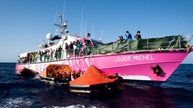The MV Louise Michel, a migrants search and rescue ship operating in the Mediterranean sea and financed by British street artist Banksy, is seen at sea