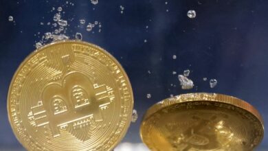 Illustration shows representations of cryptocurrency Bitcoin plunging into water