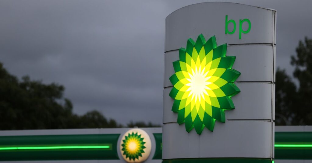 An illuminated BP logo is seen at a petrol station in Chester-le-Street,Durham, Britain September 23, 2021