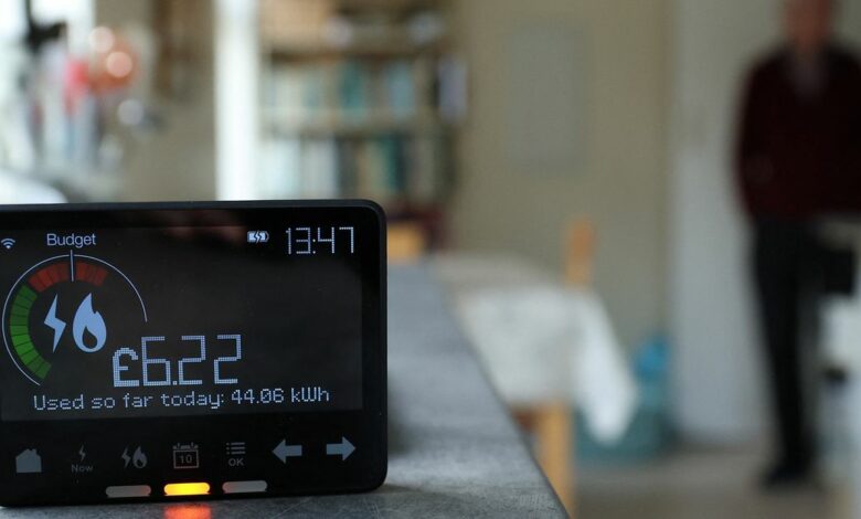 A home smart meter showing energy use is seen in the kitchen of a home in Manchester