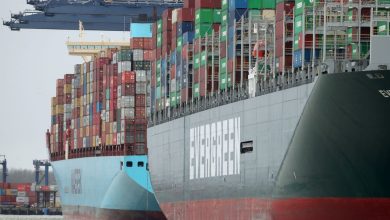 A view of the Port of Felixstowe, as containers are seen aboard the container ship Ever Greet, in Felixstowe