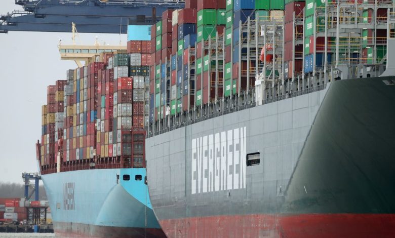A view of the Port of Felixstowe, as containers are seen aboard the container ship Ever Greet, in Felixstowe