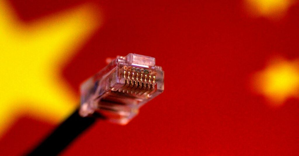 Illustration photo of a computer network cable above a Chinese flag