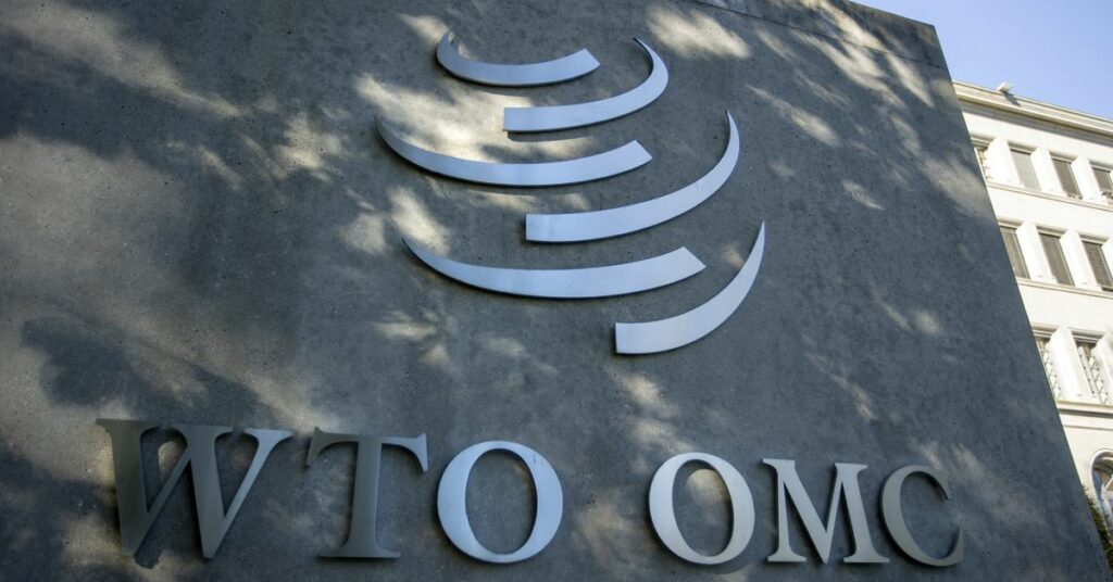 A logo is seen at the WTO in Geneva
