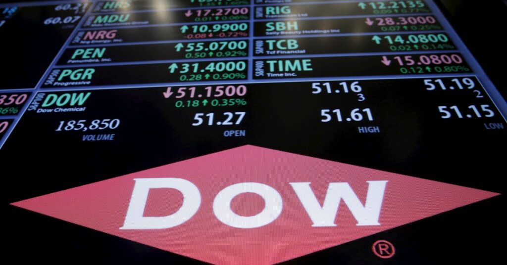 The Dow Chemical logo is displayed on a board above the floor of the New York Stock Exchange shortly after the opening bell in New York