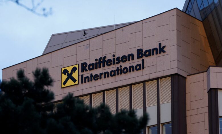 The logo of Raiffeisen Bank International is seen on their headquarters in Vienna