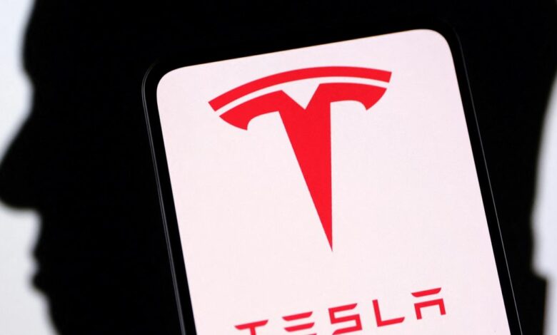 Illustration shows Tesla logo and Elon Musk silluete