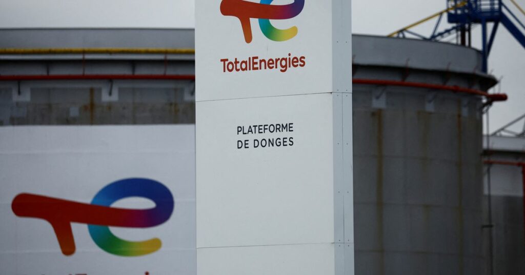 French energy workers on strike protest in front of oil giant TotalEnergies refinery in Donges