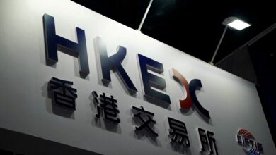 HKEX sign is seen at the 2020 China International Fair for Trade in Services in Beijing