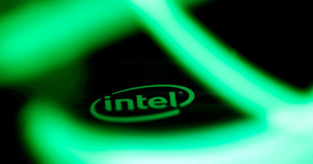 FILE PHOTO: The Intel logo is seen behind LED lights in this illustration