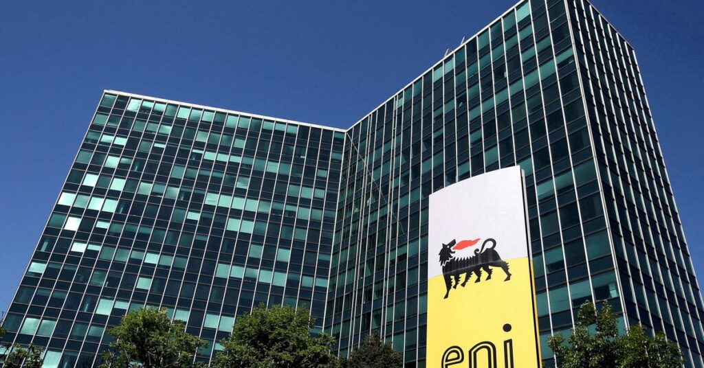 Eni's logo is seen in front of its headquarters in San Donato Milanese