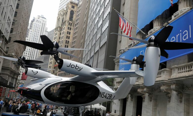 A Joby Aviation Air Taxi is seen outside of the New York Stock Exchange (NYSE) ahead of their listing in Manhattan, New York City