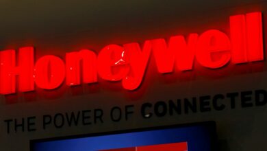 A logo of Honeywell is pictured on their booth during EBACE in Geneva