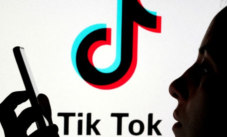 A person holds a smartphone as Tik Tok logo is displayed behind in this picture illustration