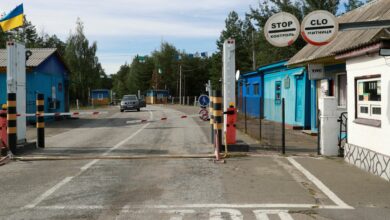 A general view shows the checkpoint Vilcha on the border with Belarus, in Ukraine