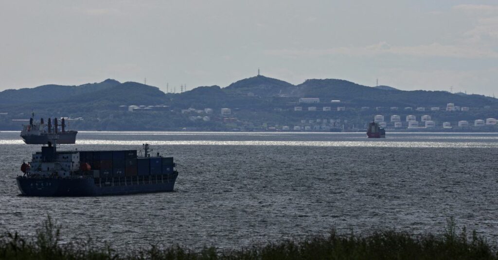 A container ship sails along Nakhodka Bay near the oil terminal in the port city of Nakhodka