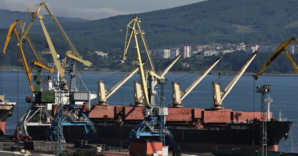 A view shows the Vostochny container port in the shore of Nakhodka Bay