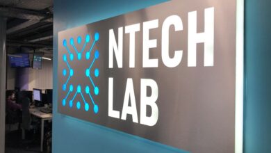 A signboard with the logo of software firm NTechLab is on display at the company’s offices in Moscow