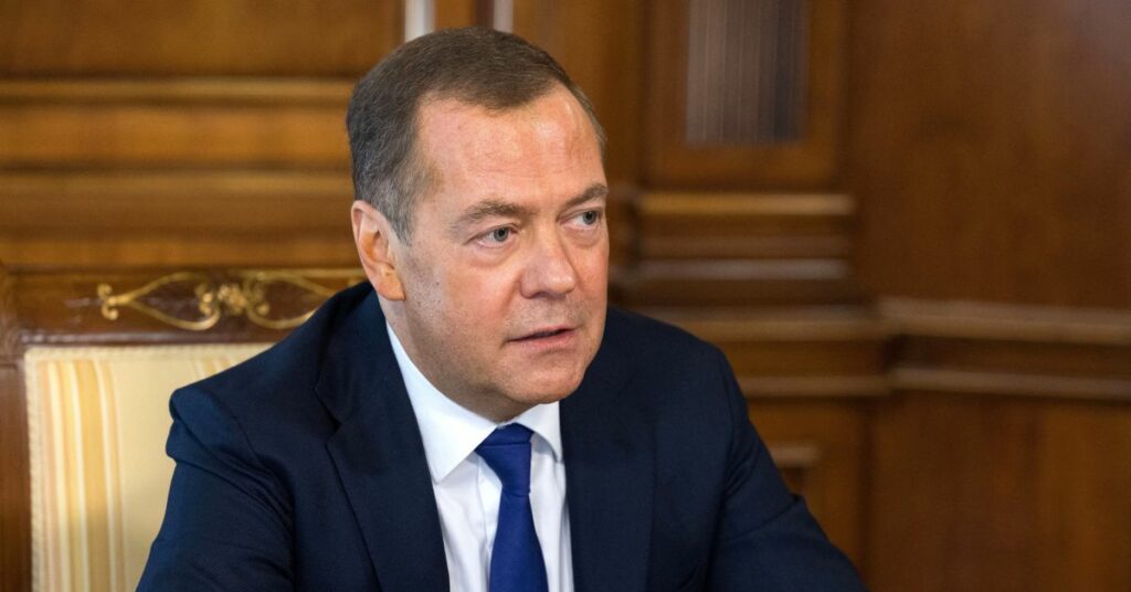 Deputy head of Russia's Security Council Medvedev gives interview outside Moscow