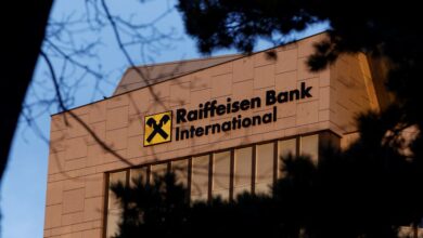 The logo of Raiffeisen Bank International (RBI) is seen at its headquarters in Vienna