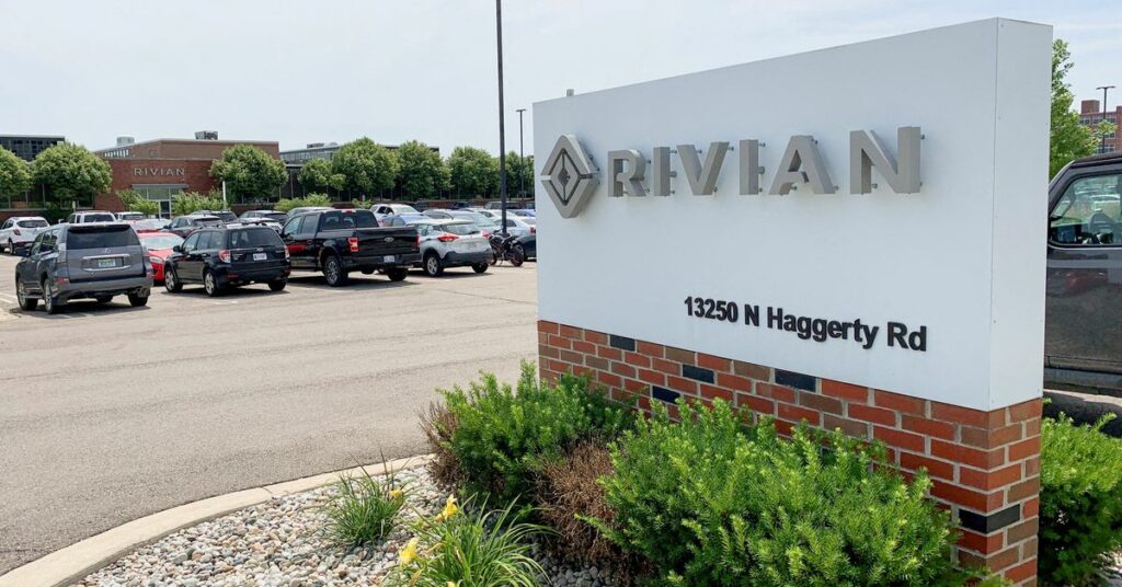 A Rivian Automotive sign outside the electric truck maker's facility, in Plymouth, Michigan