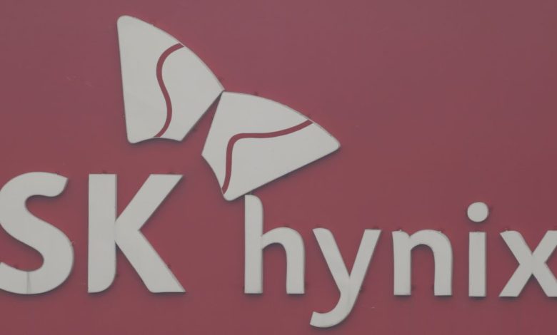 The logo of SK Hynix is seen at a plant in Icheon