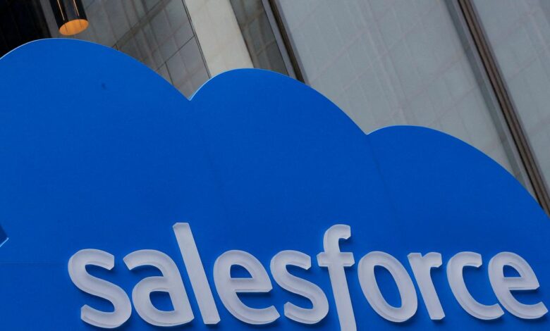 The company logo for Salesforce.com is displayed on the Salesforce Tower in New York